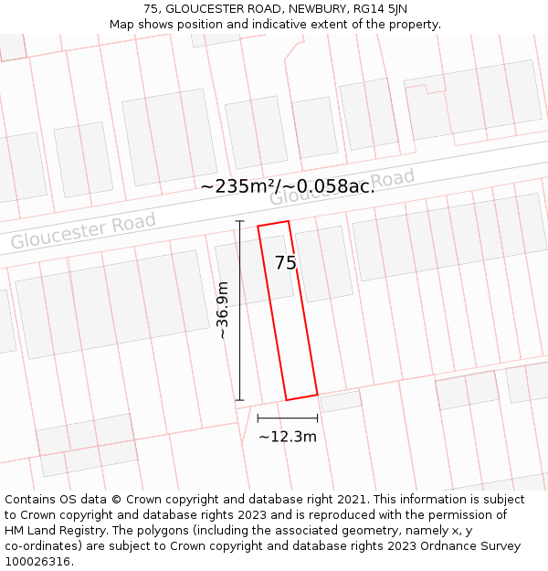 75, GLOUCESTER ROAD, NEWBURY, RG14 5JN: Plot and title map