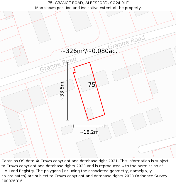 75, GRANGE ROAD, ALRESFORD, SO24 9HF: Plot and title map