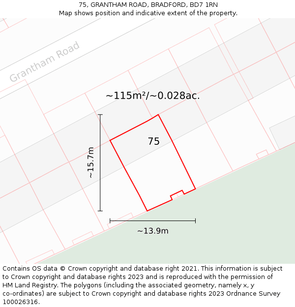 75, GRANTHAM ROAD, BRADFORD, BD7 1RN: Plot and title map