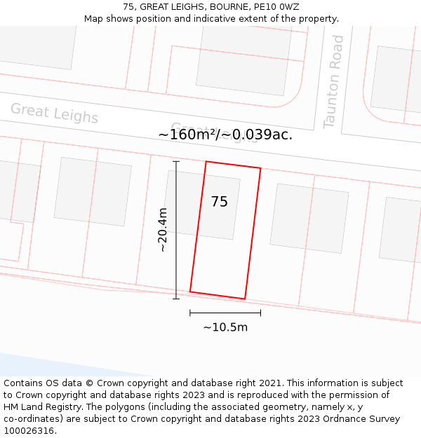 75, GREAT LEIGHS, BOURNE, PE10 0WZ: Plot and title map