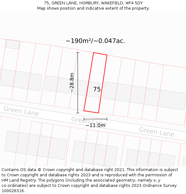 75, GREEN LANE, HORBURY, WAKEFIELD, WF4 5DY: Plot and title map