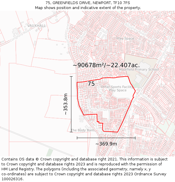 75, GREENFIELDS DRIVE, NEWPORT, TF10 7FS: Plot and title map