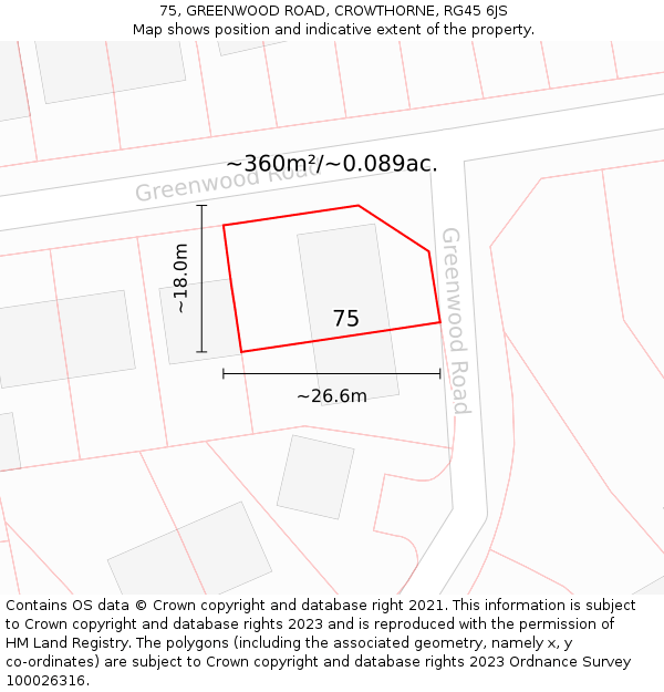 75, GREENWOOD ROAD, CROWTHORNE, RG45 6JS: Plot and title map