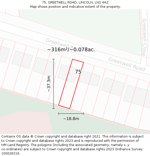 75, GREETWELL ROAD, LINCOLN, LN2 4AZ: Plot and title map