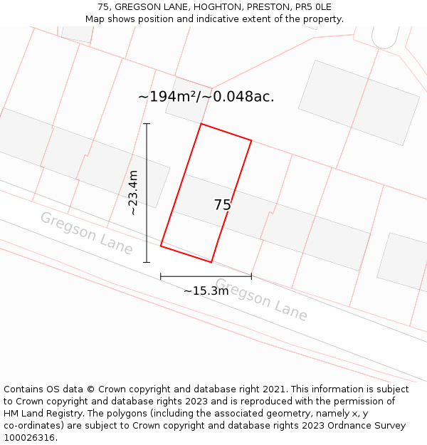 75, GREGSON LANE, HOGHTON, PRESTON, PR5 0LE: Plot and title map