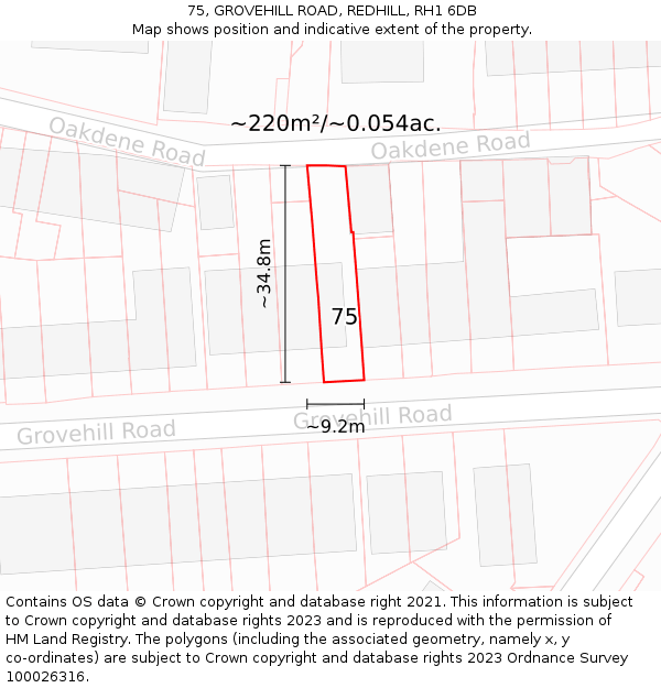 75, GROVEHILL ROAD, REDHILL, RH1 6DB: Plot and title map