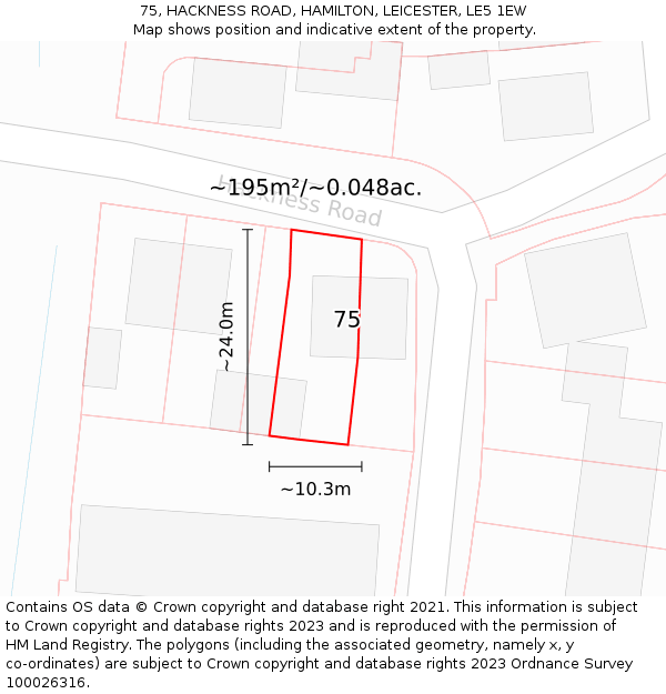 75, HACKNESS ROAD, HAMILTON, LEICESTER, LE5 1EW: Plot and title map