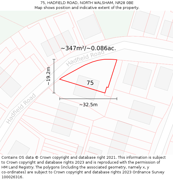 75, HADFIELD ROAD, NORTH WALSHAM, NR28 0BE: Plot and title map