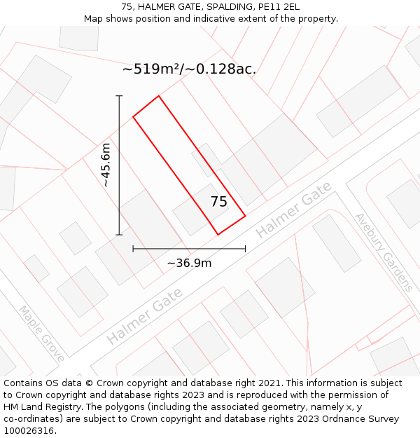 75, HALMER GATE, SPALDING, PE11 2EL: Plot and title map