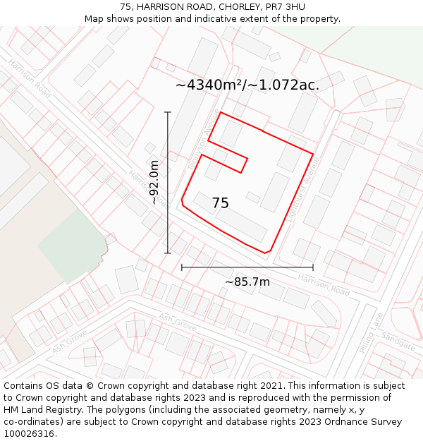 75, HARRISON ROAD, CHORLEY, PR7 3HU: Plot and title map