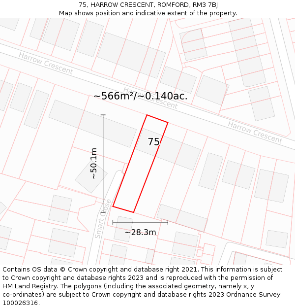 75, HARROW CRESCENT, ROMFORD, RM3 7BJ: Plot and title map