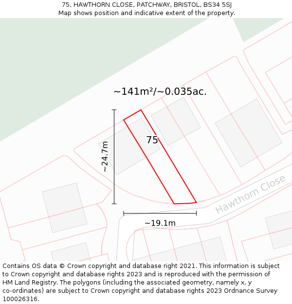 75, HAWTHORN CLOSE, PATCHWAY, BRISTOL, BS34 5SJ: Plot and title map