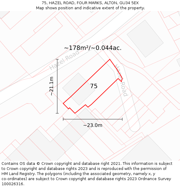 75, HAZEL ROAD, FOUR MARKS, ALTON, GU34 5EX: Plot and title map