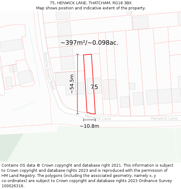 75, HENWICK LANE, THATCHAM, RG18 3BX: Plot and title map
