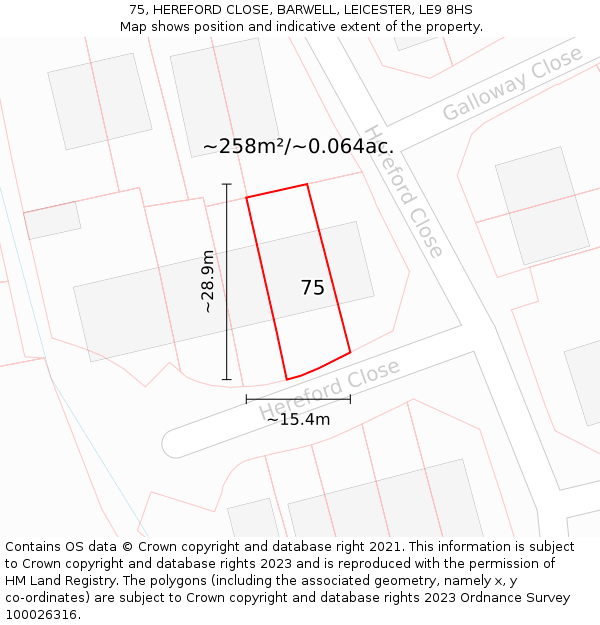 75, HEREFORD CLOSE, BARWELL, LEICESTER, LE9 8HS: Plot and title map