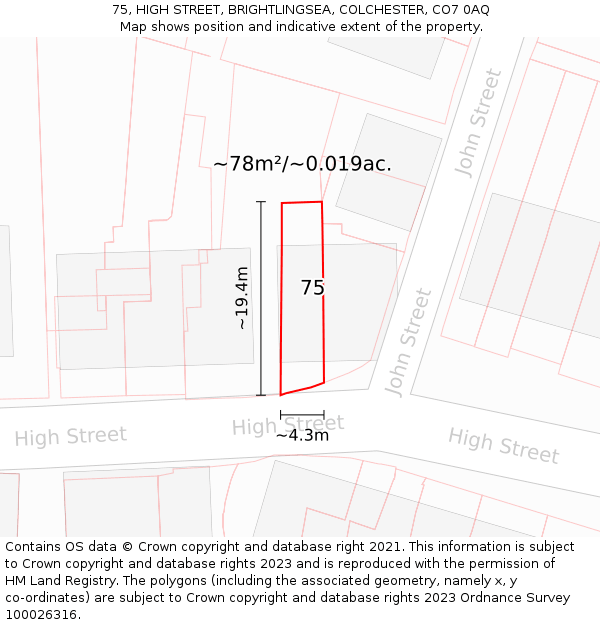 75, HIGH STREET, BRIGHTLINGSEA, COLCHESTER, CO7 0AQ: Plot and title map