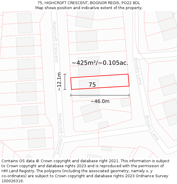 75, HIGHCROFT CRESCENT, BOGNOR REGIS, PO22 8DL: Plot and title map