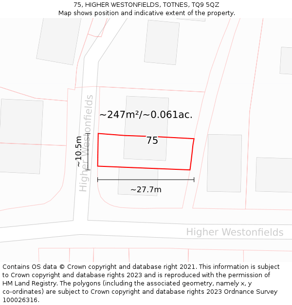 75, HIGHER WESTONFIELDS, TOTNES, TQ9 5QZ: Plot and title map