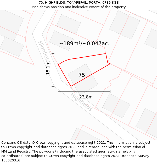 75, HIGHFIELDS, TONYREFAIL, PORTH, CF39 8GB: Plot and title map