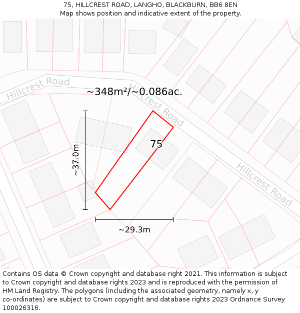 75, HILLCREST ROAD, LANGHO, BLACKBURN, BB6 8EN: Plot and title map