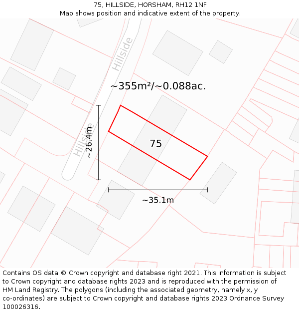 75, HILLSIDE, HORSHAM, RH12 1NF: Plot and title map