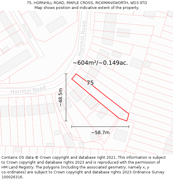 75, HORNHILL ROAD, MAPLE CROSS, RICKMANSWORTH, WD3 9TG: Plot and title map