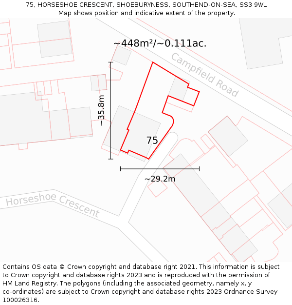 75, HORSESHOE CRESCENT, SHOEBURYNESS, SOUTHEND-ON-SEA, SS3 9WL: Plot and title map