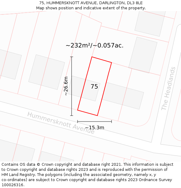 75, HUMMERSKNOTT AVENUE, DARLINGTON, DL3 8LE: Plot and title map