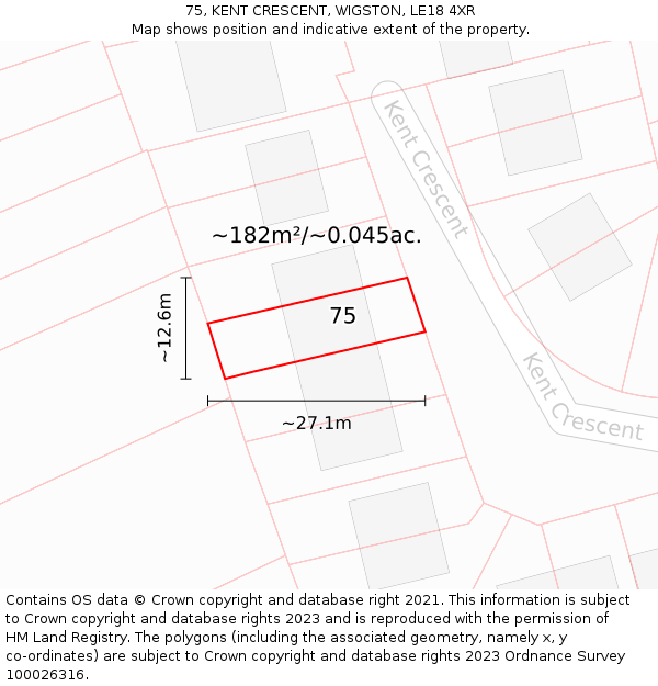 75, KENT CRESCENT, WIGSTON, LE18 4XR: Plot and title map