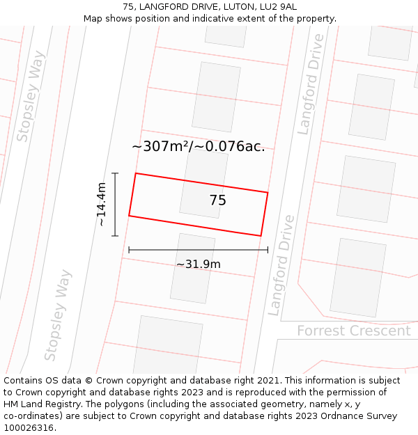 75, LANGFORD DRIVE, LUTON, LU2 9AL: Plot and title map