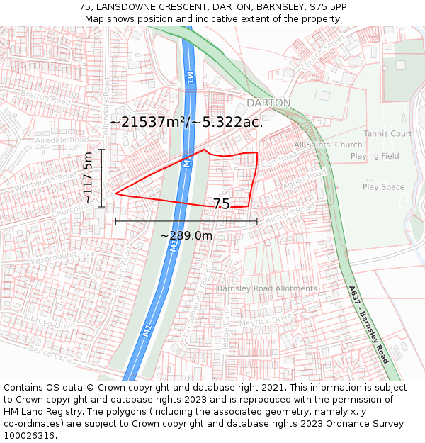 75, LANSDOWNE CRESCENT, DARTON, BARNSLEY, S75 5PP: Plot and title map