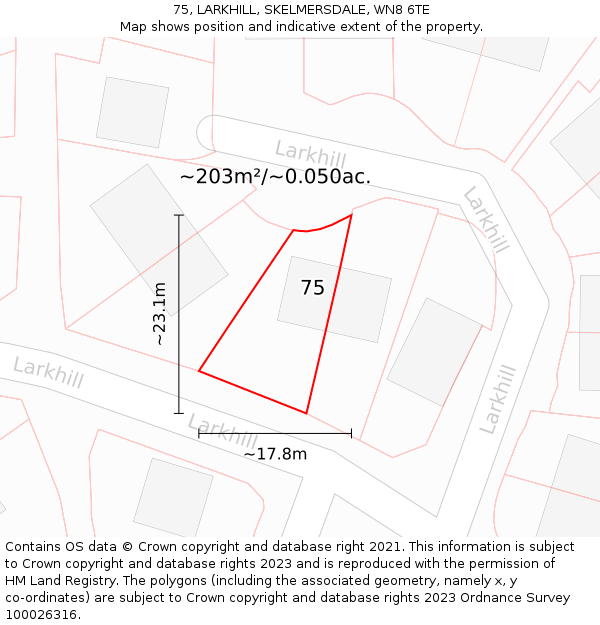 75, LARKHILL, SKELMERSDALE, WN8 6TE: Plot and title map