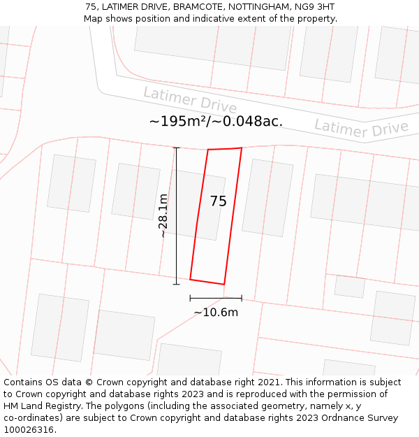 75, LATIMER DRIVE, BRAMCOTE, NOTTINGHAM, NG9 3HT: Plot and title map