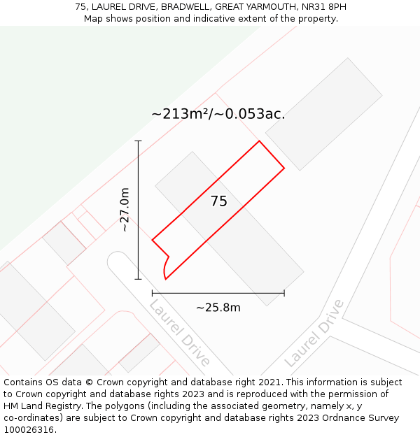 75, LAUREL DRIVE, BRADWELL, GREAT YARMOUTH, NR31 8PH: Plot and title map