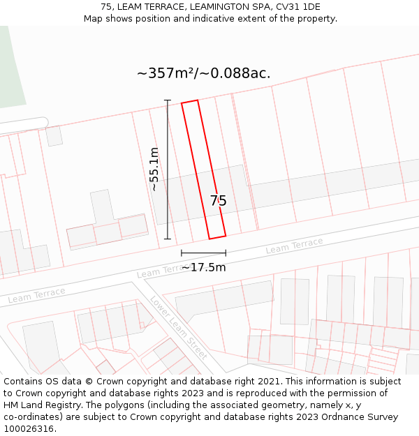 75, LEAM TERRACE, LEAMINGTON SPA, CV31 1DE: Plot and title map