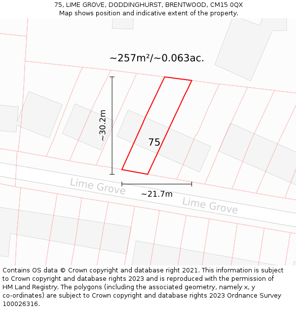 75, LIME GROVE, DODDINGHURST, BRENTWOOD, CM15 0QX: Plot and title map