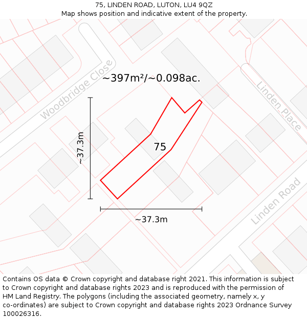 75, LINDEN ROAD, LUTON, LU4 9QZ: Plot and title map