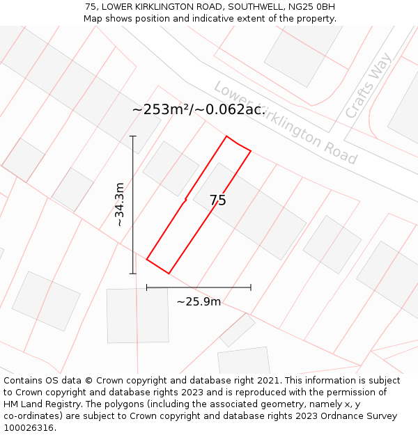 75, LOWER KIRKLINGTON ROAD, SOUTHWELL, NG25 0BH: Plot and title map