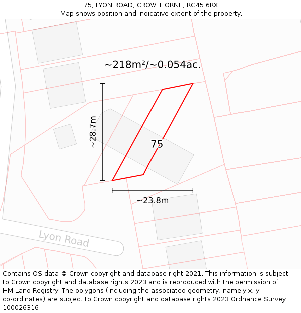 75, LYON ROAD, CROWTHORNE, RG45 6RX: Plot and title map