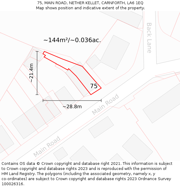 75, MAIN ROAD, NETHER KELLET, CARNFORTH, LA6 1EQ: Plot and title map