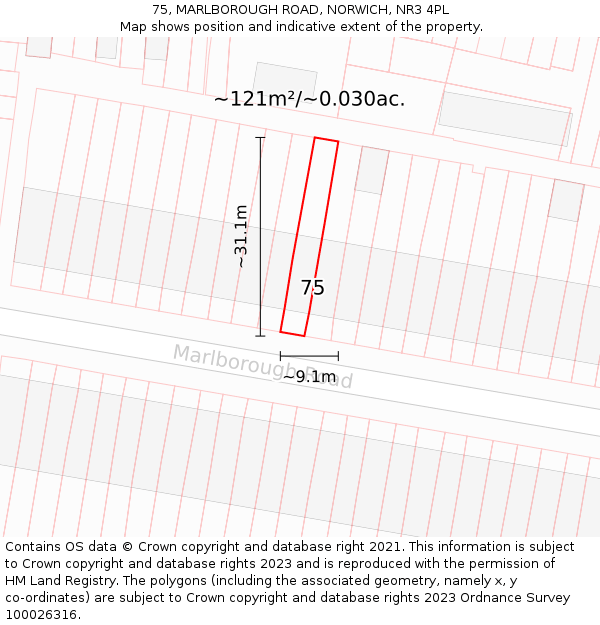 75, MARLBOROUGH ROAD, NORWICH, NR3 4PL: Plot and title map