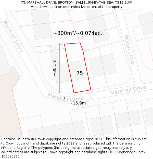 75, MARSHALL DRIVE, BROTTON, SALTBURN-BY-THE-SEA, TS12 2UW: Plot and title map