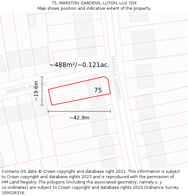 75, MARSTON GARDENS, LUTON, LU2 7DX: Plot and title map