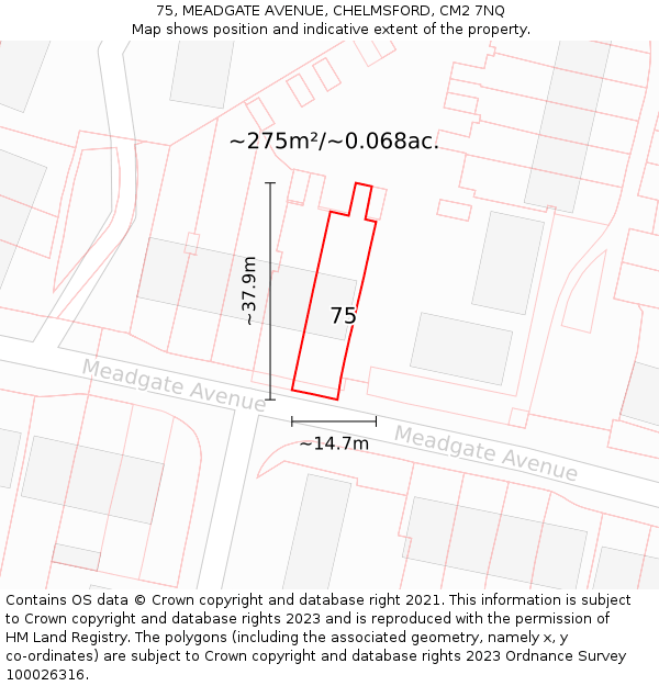 75, MEADGATE AVENUE, CHELMSFORD, CM2 7NQ: Plot and title map