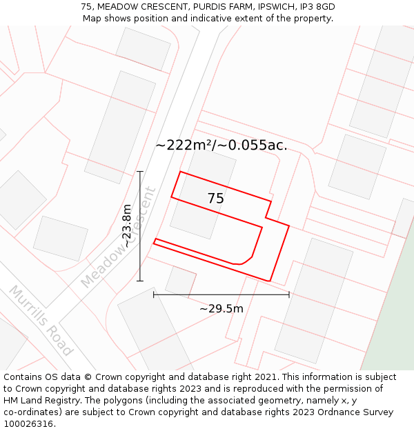 75, MEADOW CRESCENT, PURDIS FARM, IPSWICH, IP3 8GD: Plot and title map