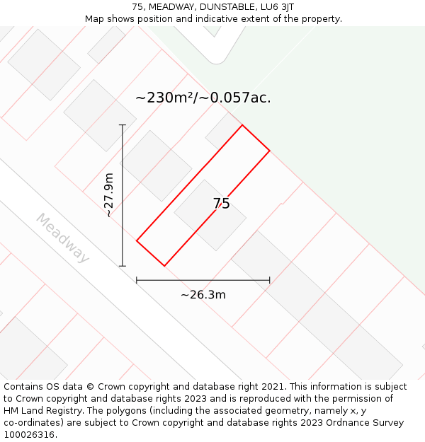 75, MEADWAY, DUNSTABLE, LU6 3JT: Plot and title map
