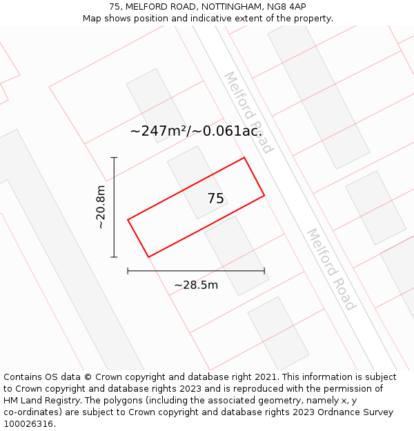 75, MELFORD ROAD, NOTTINGHAM, NG8 4AP: Plot and title map
