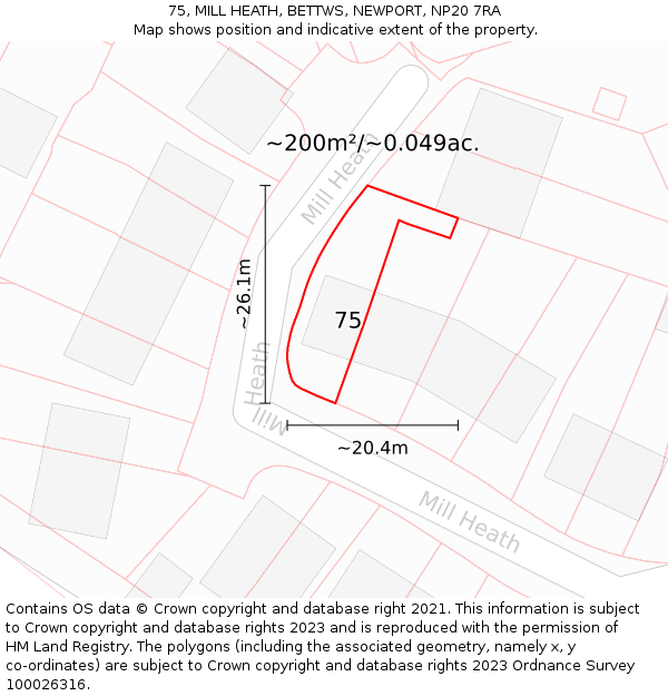 75, MILL HEATH, BETTWS, NEWPORT, NP20 7RA: Plot and title map