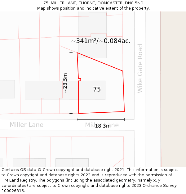 75, MILLER LANE, THORNE, DONCASTER, DN8 5ND: Plot and title map
