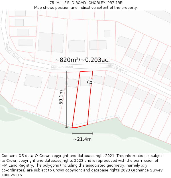 75, MILLFIELD ROAD, CHORLEY, PR7 1RF: Plot and title map